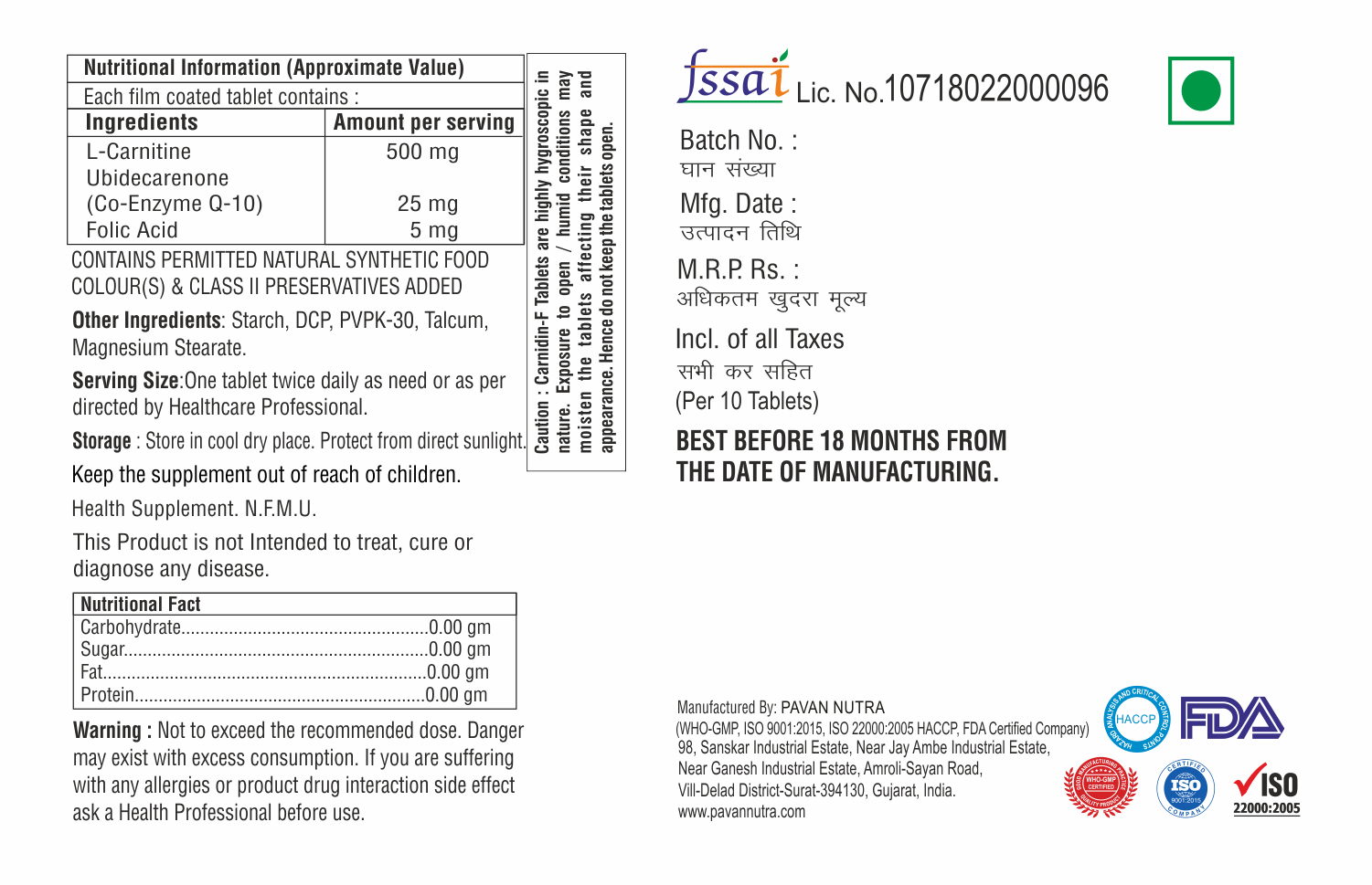 L-carnitine With Folic Acid And Coq10 Tablet