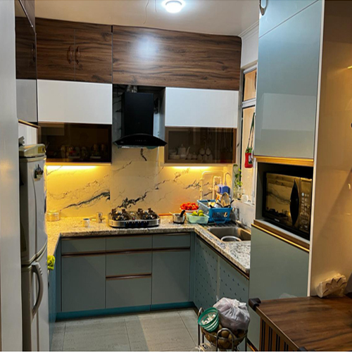 L Shape Acrylic Kitchen With High Gloss Laminate - Color: As Per Availability