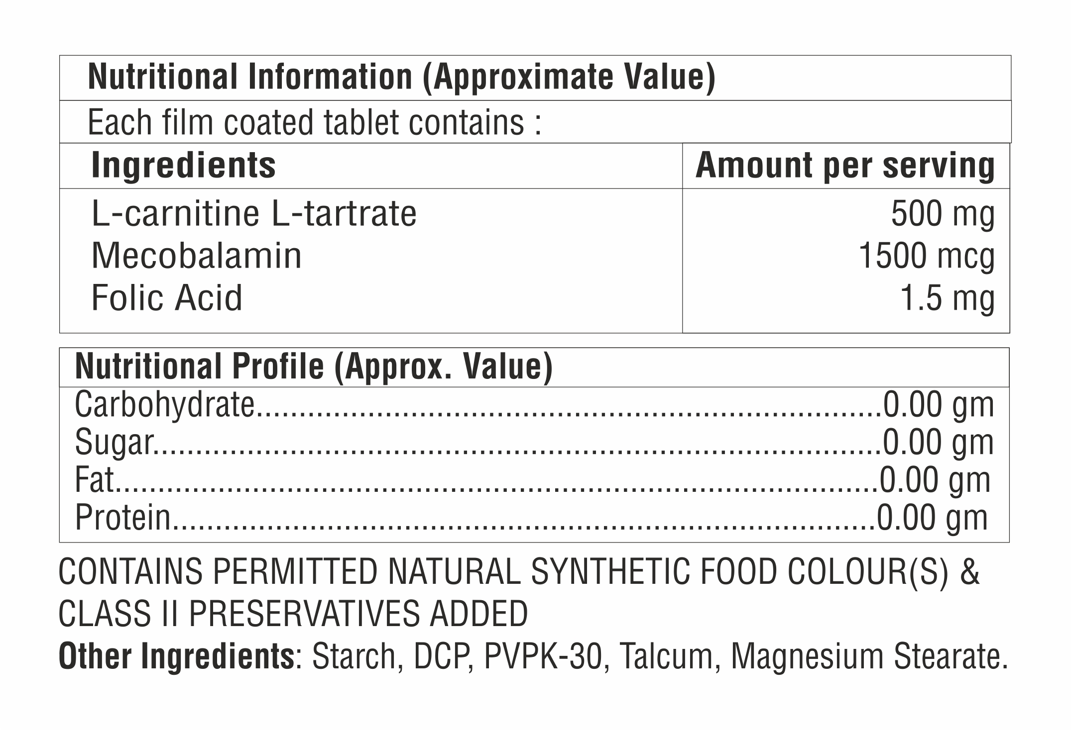 L-carnitine L-tartrate With Mecobalamin And Folic Acid Tablet