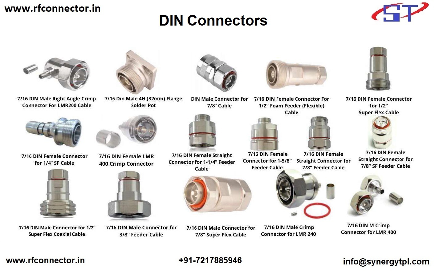 Din Male 1-2 Feeder Clamp Connector - Brass, 0.94 Mm Conductor Size, Silver, 50 Ohm, Dc-7.5ghz Frequency Range, 4000v Dielectric Withstanding Voltage, Rf Application