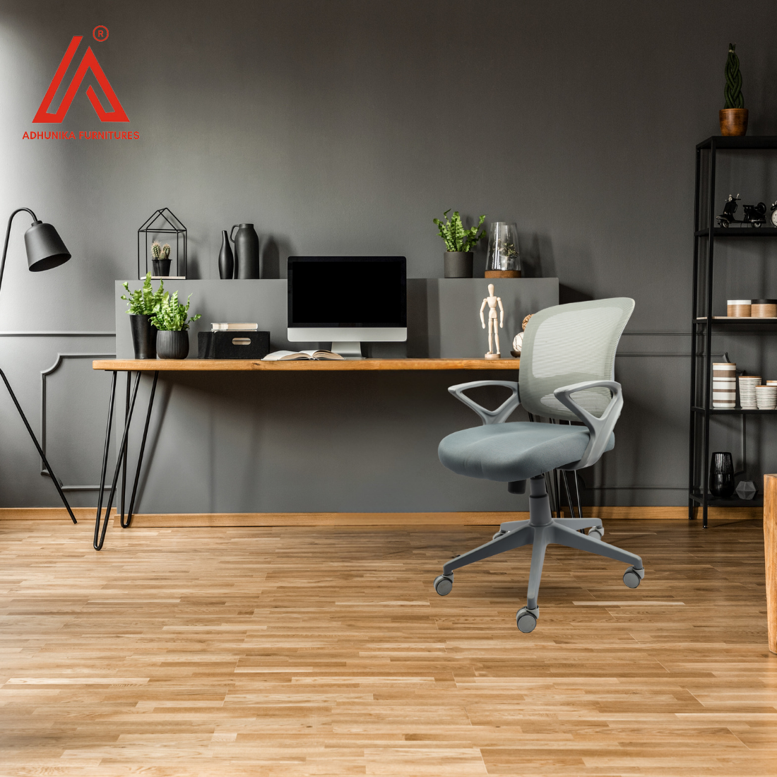 Adhunika Revolving Office Chair With Net Back And Cushion Seat (Grey)