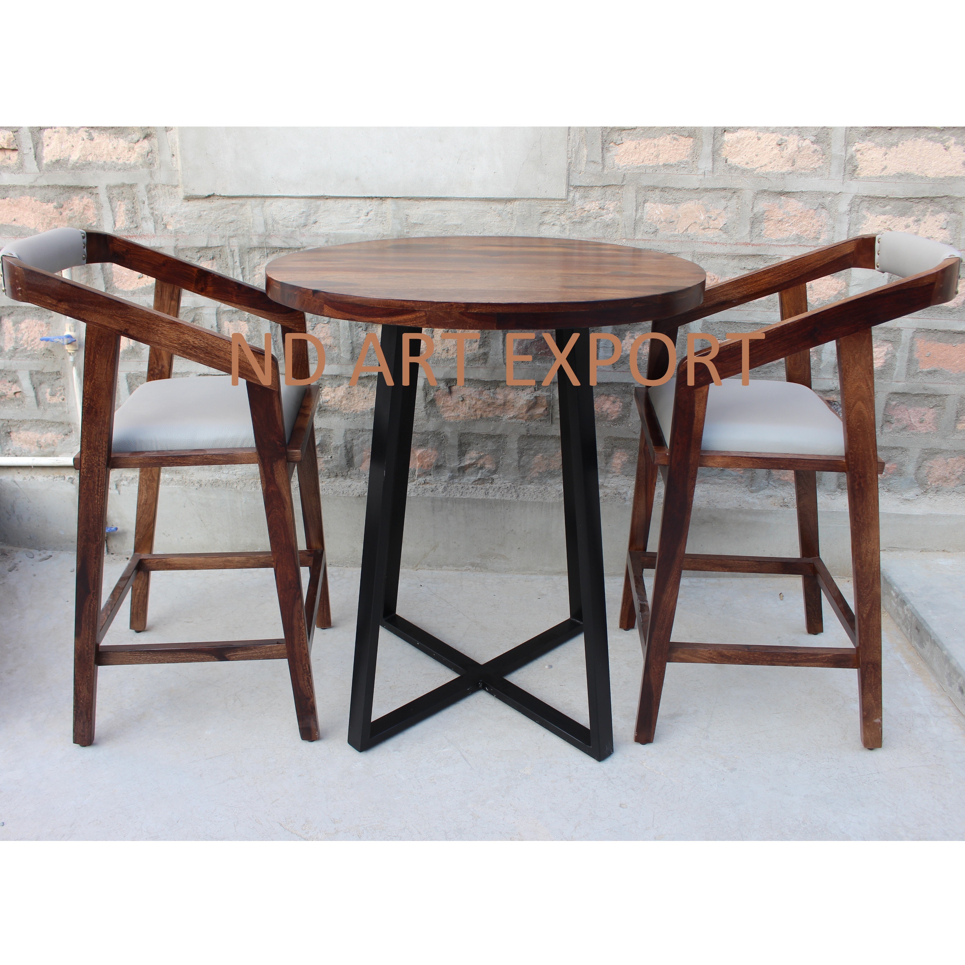Industrial Round Bar Table In Ms Iron Base And Solid Wood Top Bar Furniture - Artwork: Handmade