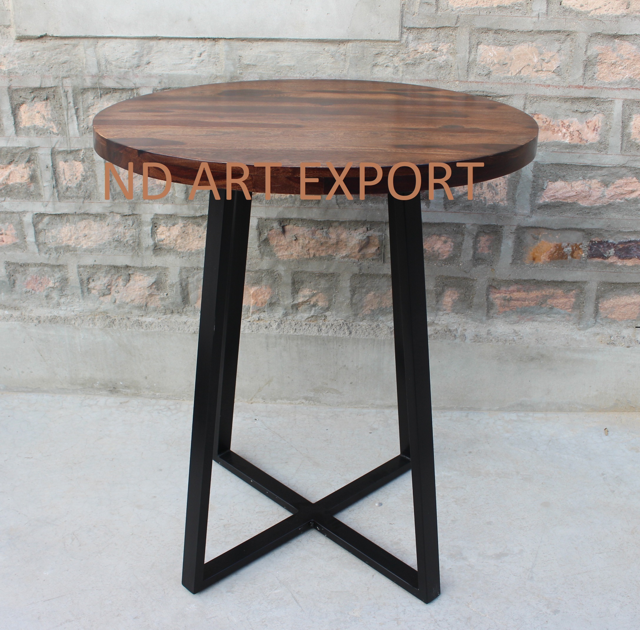 Industrial Round Bar Table In Ms Iron Base And Solid Wood Top Bar Furniture - Artwork: Handmade