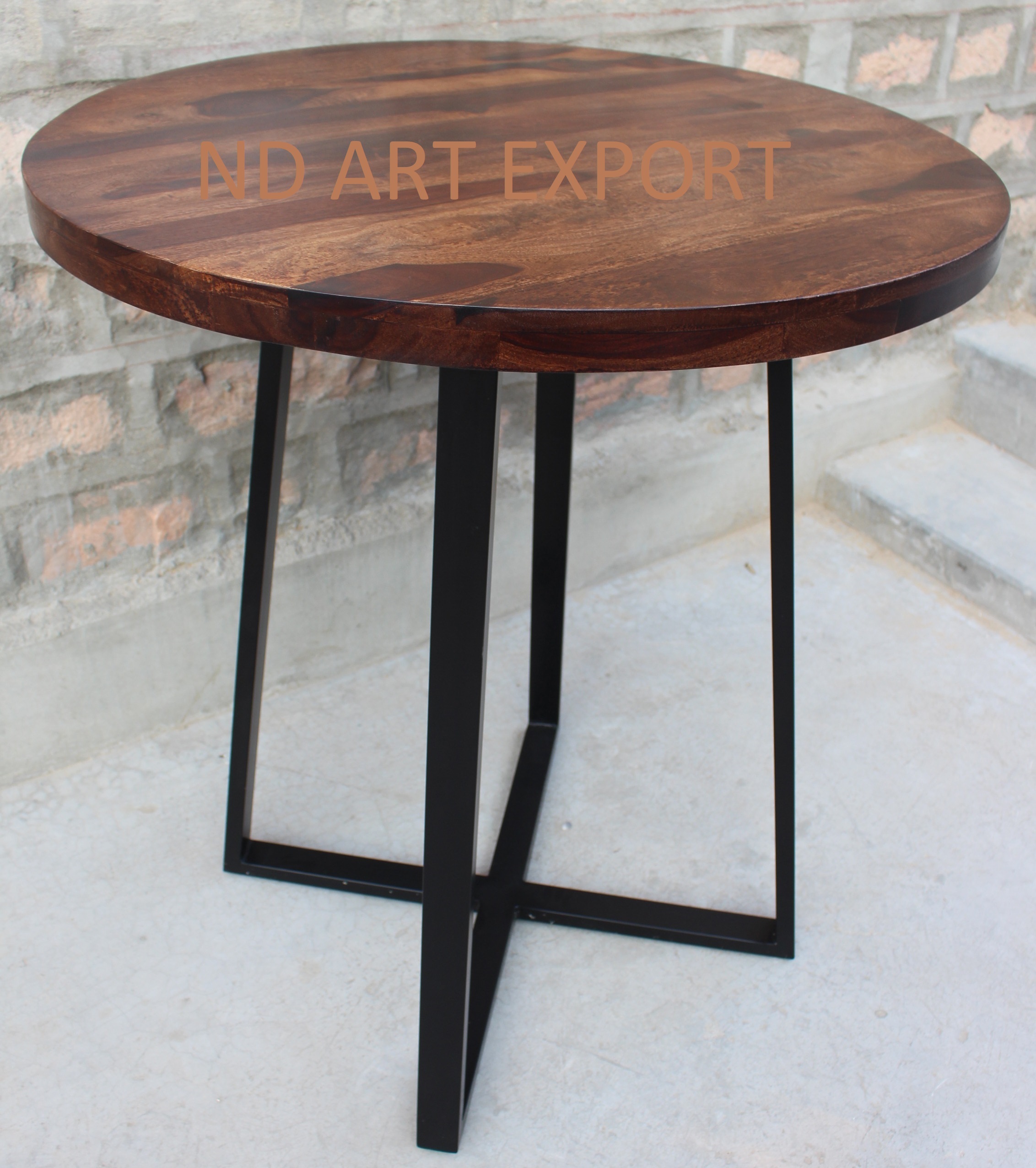 Industrial Round Bar Table In Ms Iron Base And Solid Wood Top Bar Furniture - Artwork: Handmade