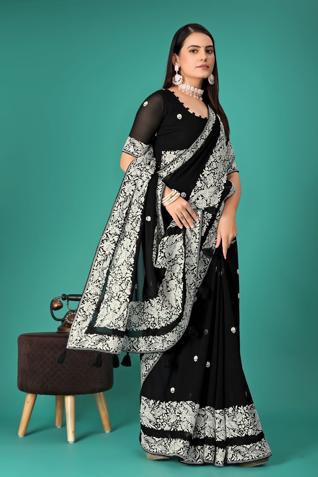 Parsigara Saree - Color: Black Peach Green Blue Skyblue Pista Dark Rama