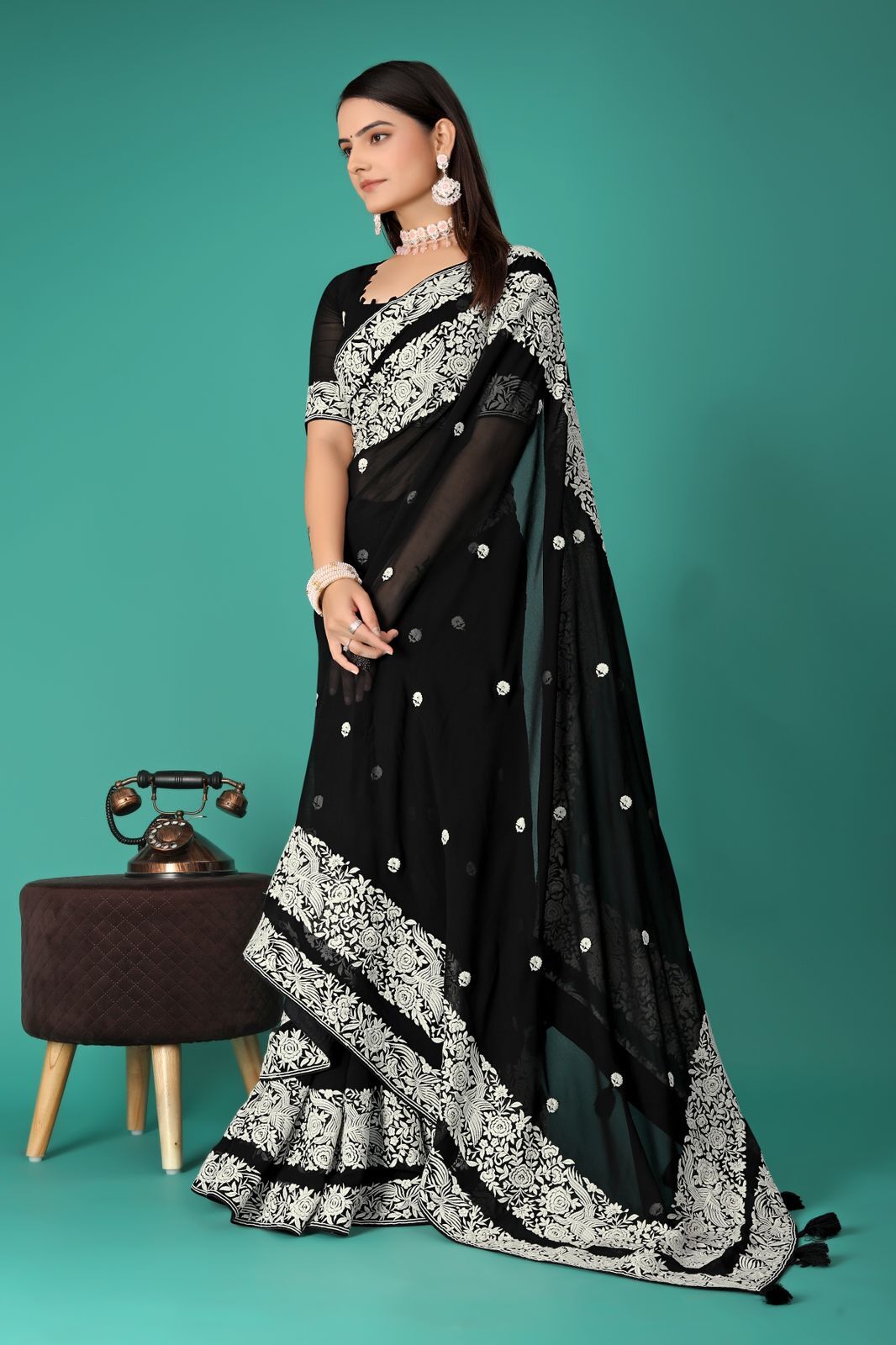 Parsigara Saree - Color: Black Peach Green Blue Skyblue Pista Dark Rama