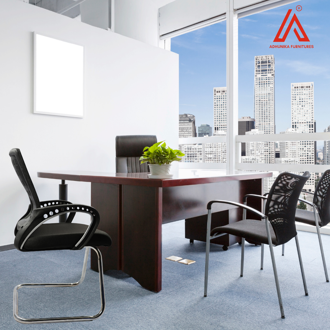 Adhunika Black Net Back And Visitor Cushion Chair