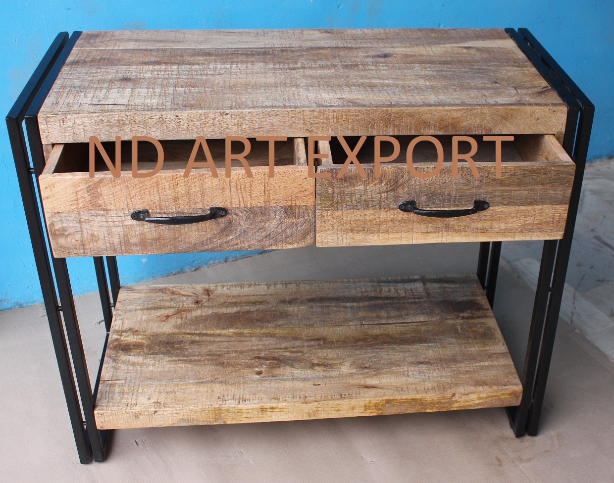 Console In Double Pipe Frame In Ms Iron With Rough Solid Mango Wood