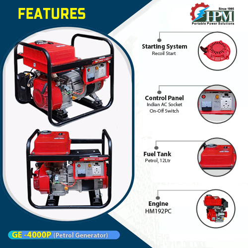 3.5 Kva Portable Petrol Generator - 600 X 445 X 530 Mm, Red & Black | Lightweight Design, Lpg Compatible, Manual Start, 12 Hour Runtime