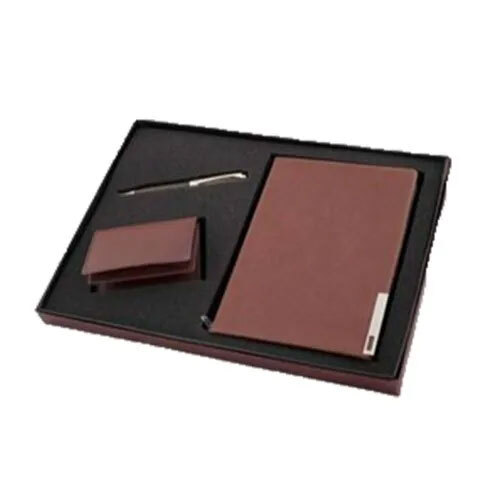3 Piece Corporate Gift Set - Leather, 20 x 14 cm, Brown | Includes Pen, Key Chain and Card Holder for Business Gifting