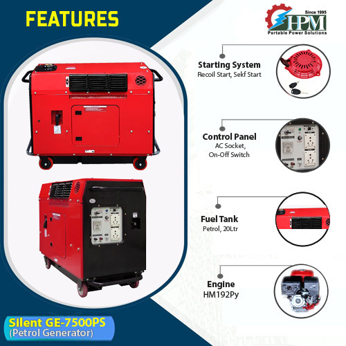 Red & Black 7 Kva Petrol Silent Generator Recoil And Self Start Model Silent Ge-7500ps