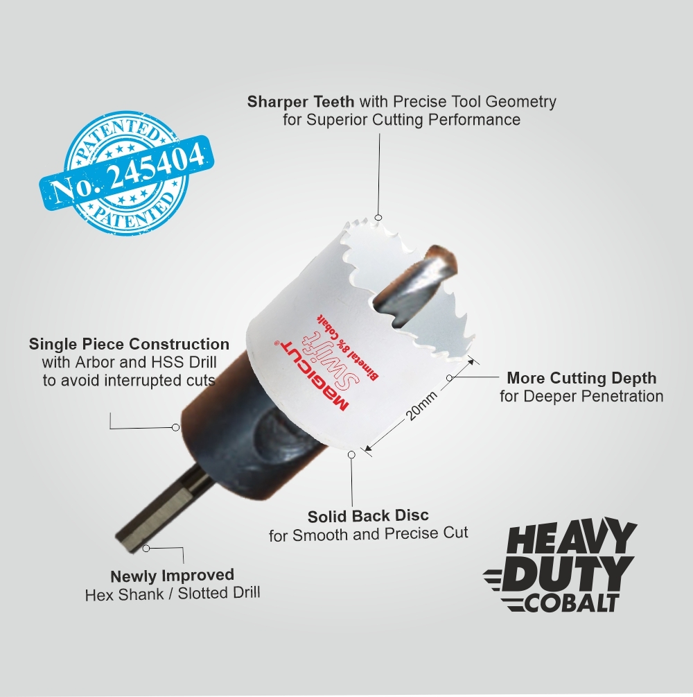 Magicut Swift Bimetal M42 8% Cobalt Mini Hole Saw - 8mm To 102mm Size Range, White Color, Enhanced Strength, Shatter Resistance, Solid Back Disc For Smooth Cutting, Precise Tool Geometry