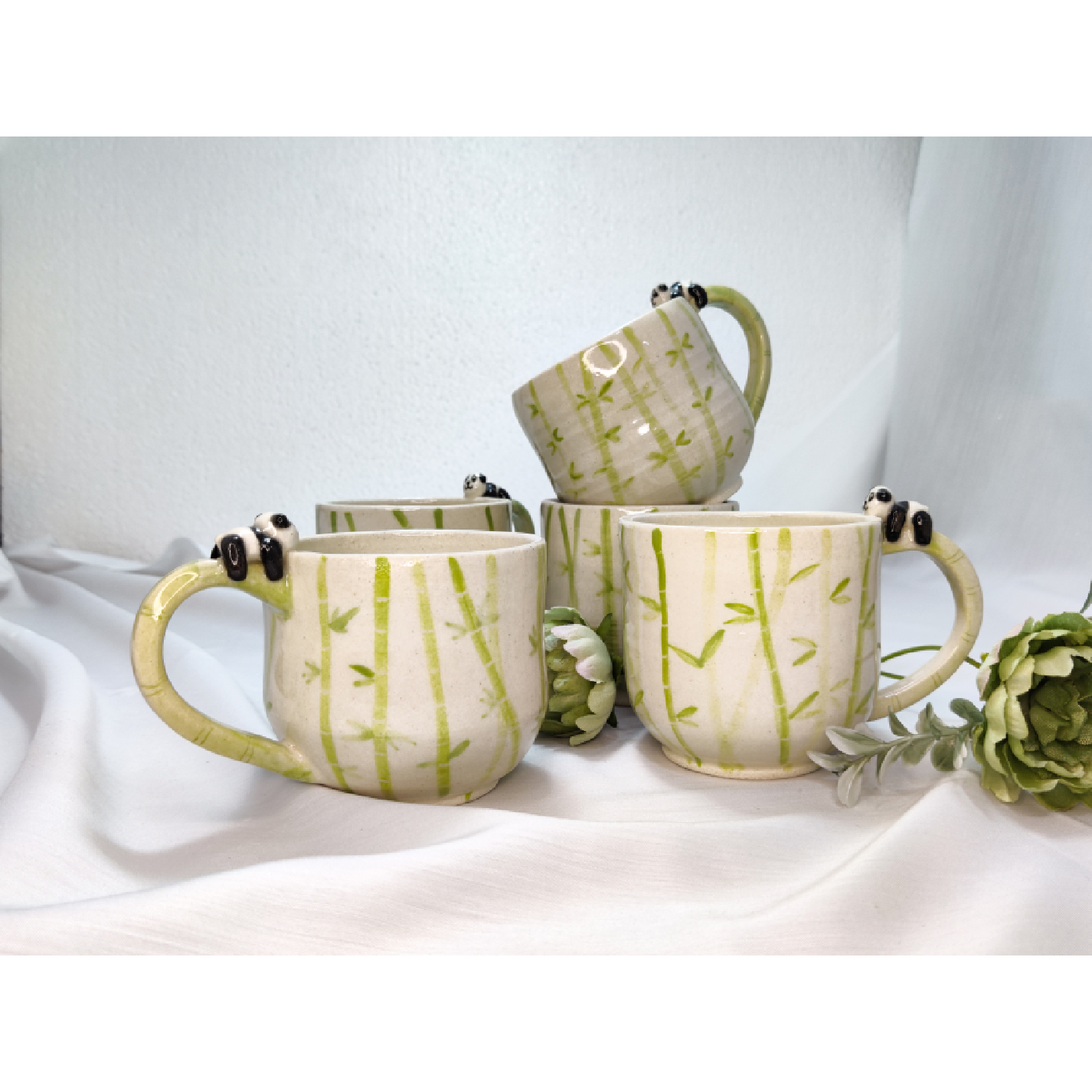 Panda Charm Mug - Stoneware Ceramic, Custom Sizes Available, Green And Ivory, Hand-painted Bamboo Design, Dishwasher And Microwave Safe, Glossy Glazed Finish
