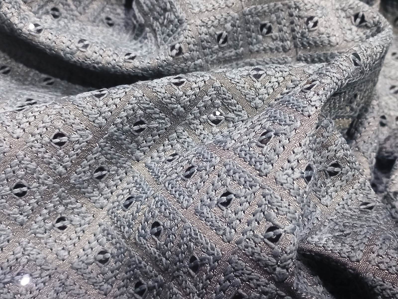 Grey Schiffli Poly Linen Fabric For Menswear Kurta
