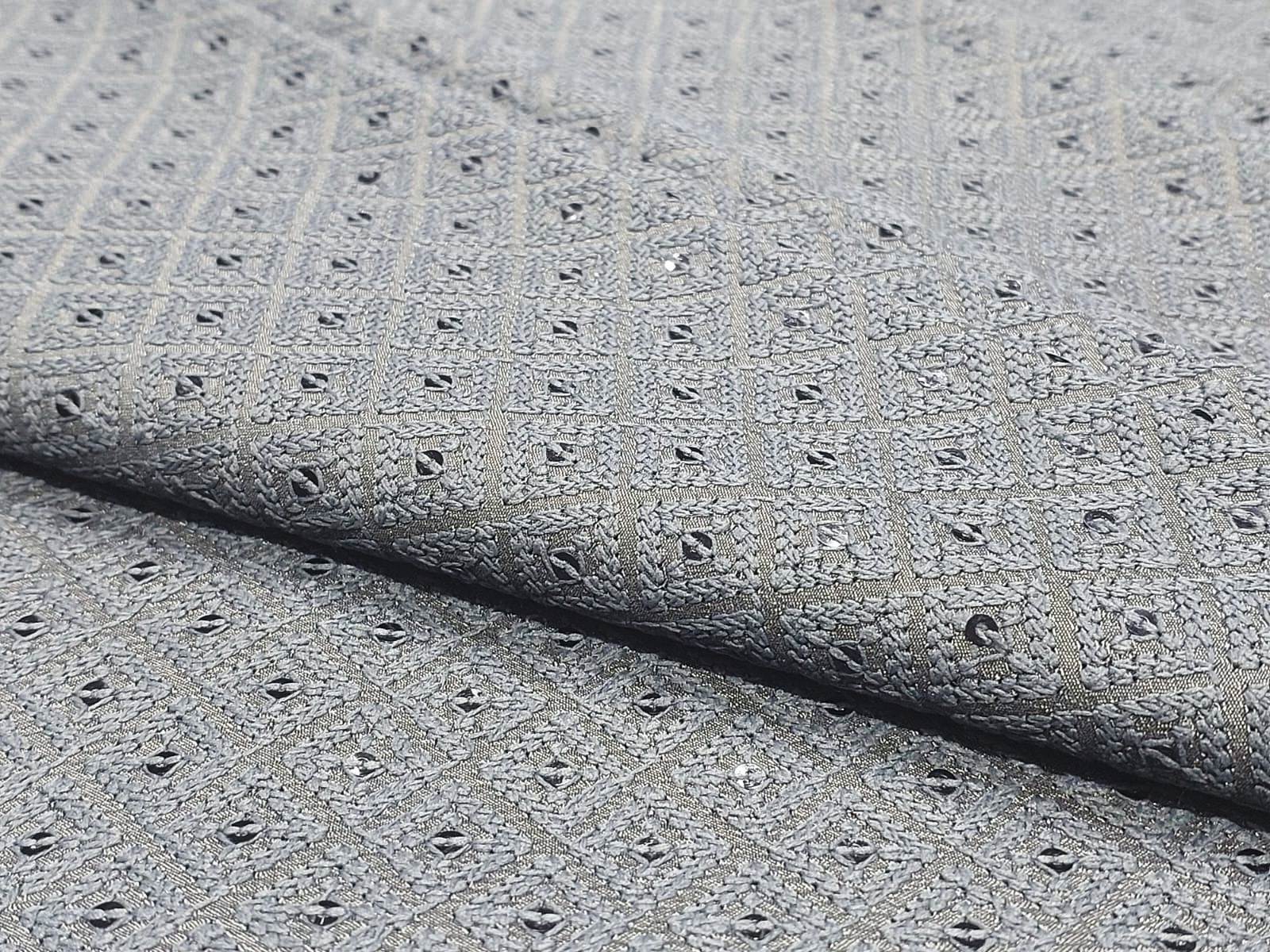 Grey Schiffli Poly Linen Fabric For Menswear Kurta
