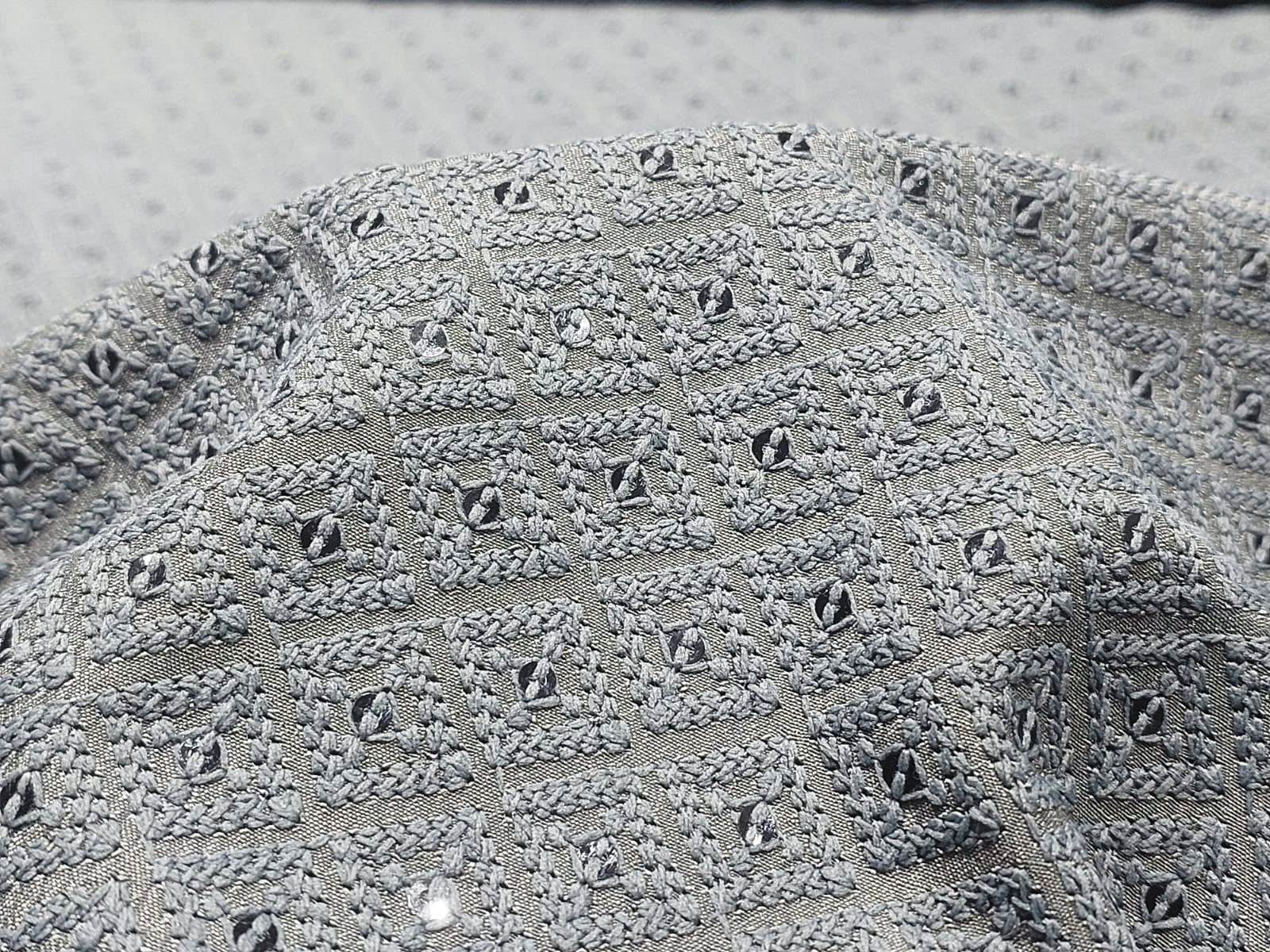 Grey Schiffli Poly Linen Fabric For Menswear Kurta