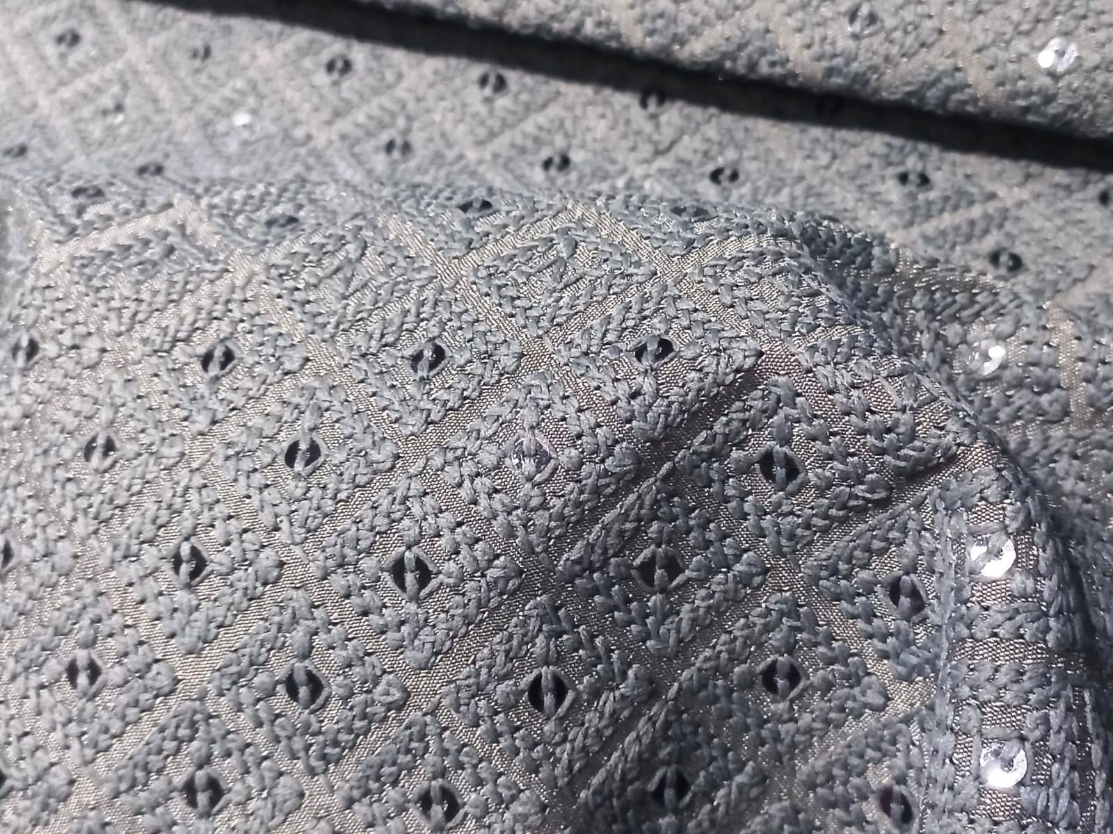 Grey Schiffli Poly Linen Fabric For Menswear Kurta