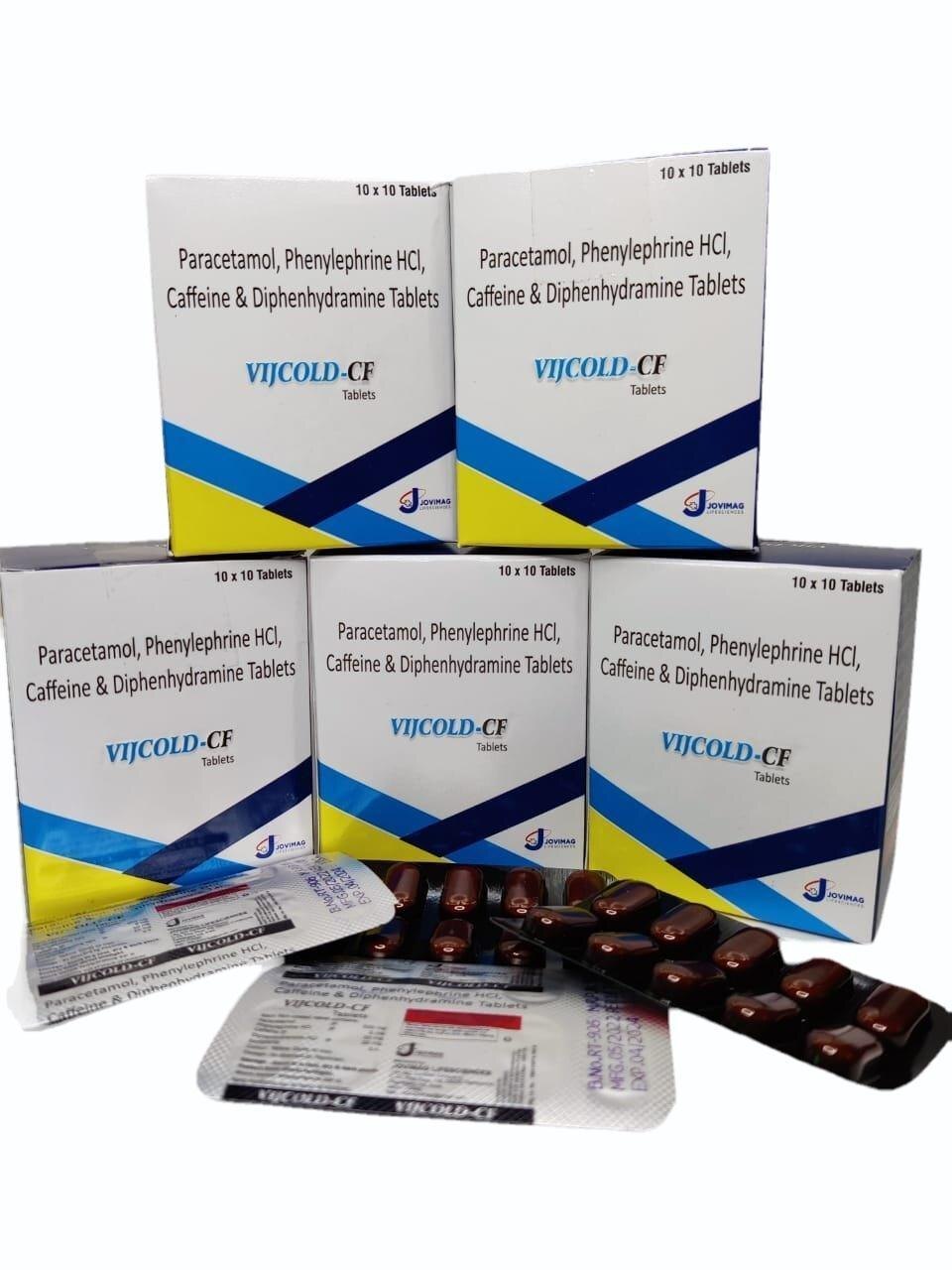 Vijcold-cf:- Paracetamol, Phenylephrine Hcl,caffeine And Diphenhydramine Tablet