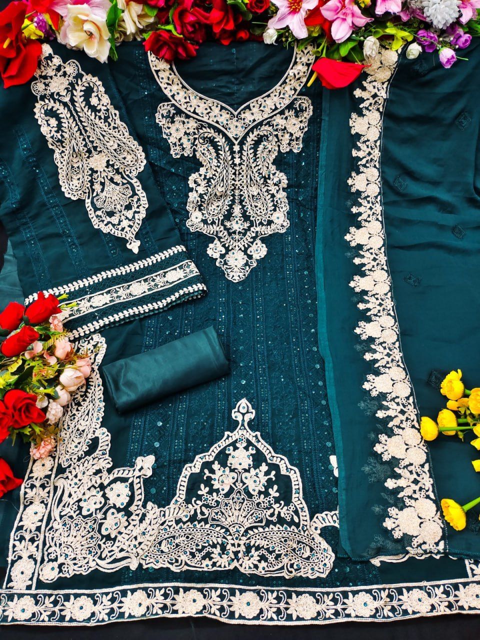 Pakistani Designer Suit - Heavy Georgette With Sequence Embroidery, Semi Stitch Plus Size 44 Inch Length, All Season Wear