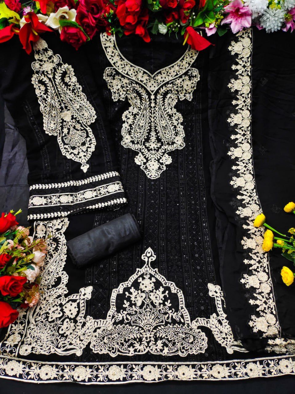 Pakistani Designer Suit - Heavy Georgette With Sequence Embroidery, Semi Stitch Plus Size 44 Inch Length, All Season Wear