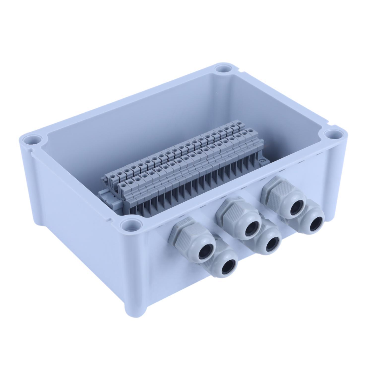 Terminal Junction Box - Ip65 Waterproof 140x190x100 Mm | 20 Terminal Blocks, 4 Sqmm, Abs Material, Pg13.5 Glands, Silicon Sponge O-ring