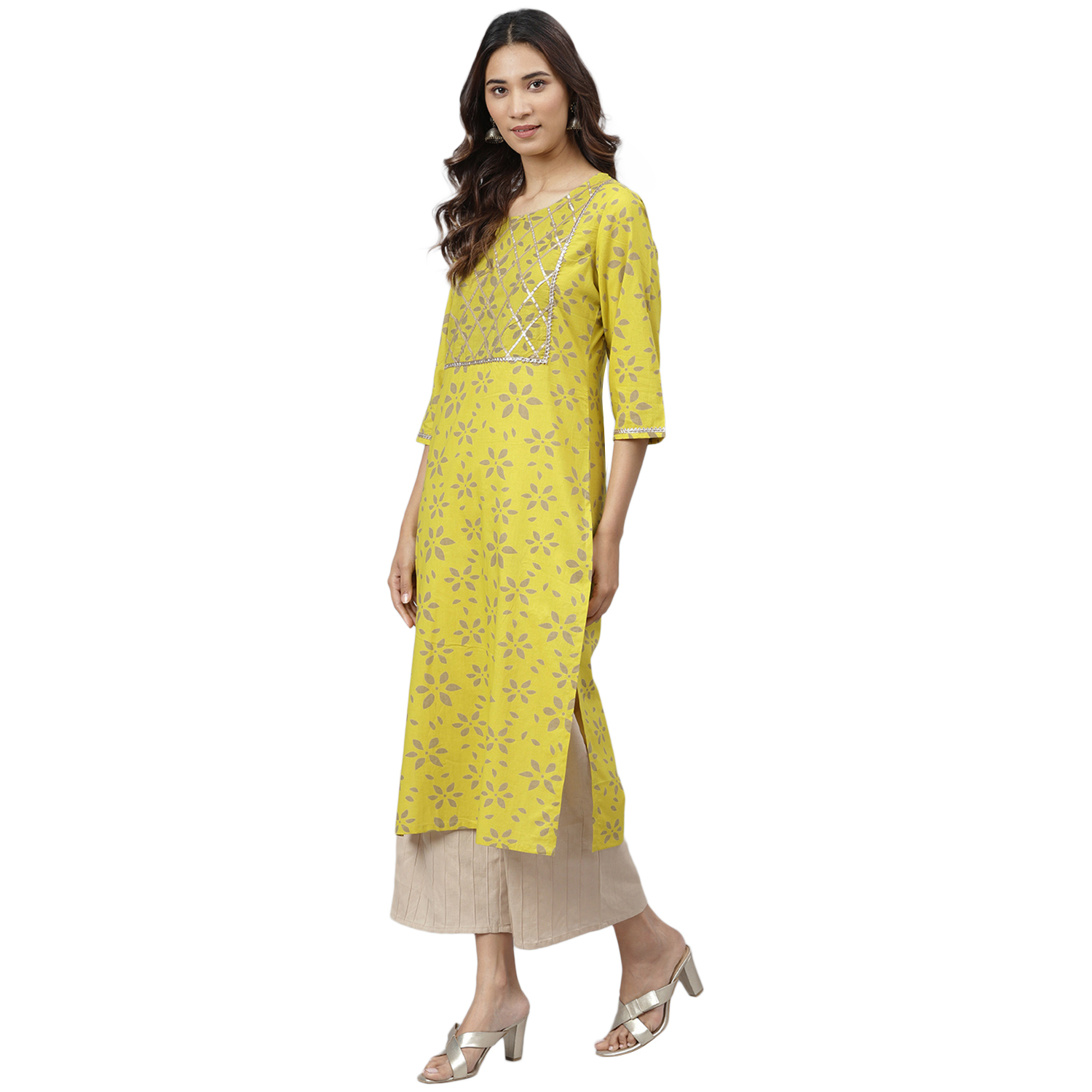 Ladies Cotton Kurti - Size S To Xxl, Yellow Printed Kurti | 3-4th Sleeve, Washable, Waterproof, Casual And Ethnic Style For All Seasons