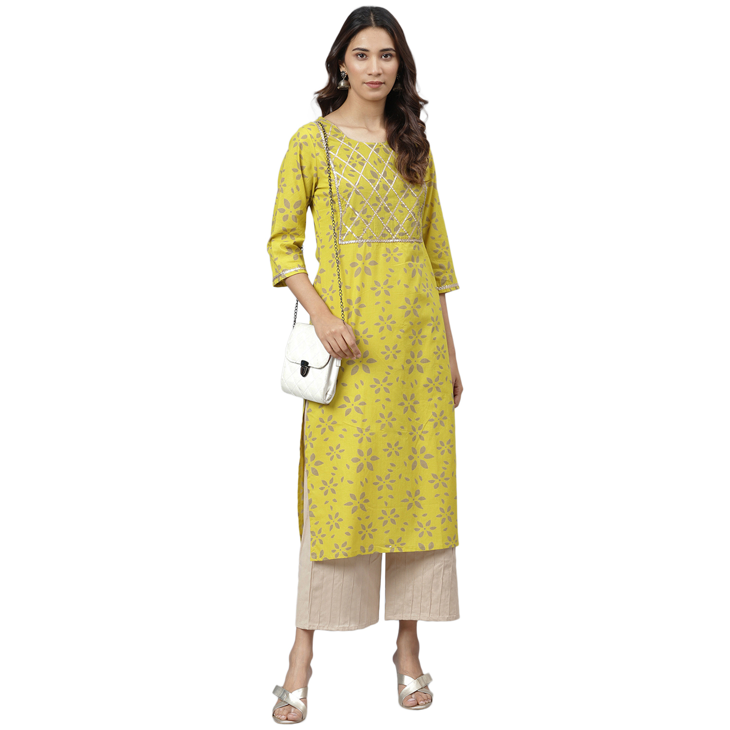 Ladies Cotton Kurti - Size S To Xxl, Yellow Printed Kurti | 3-4th Sleeve, Washable, Waterproof, Casual And Ethnic Style For All Seasons