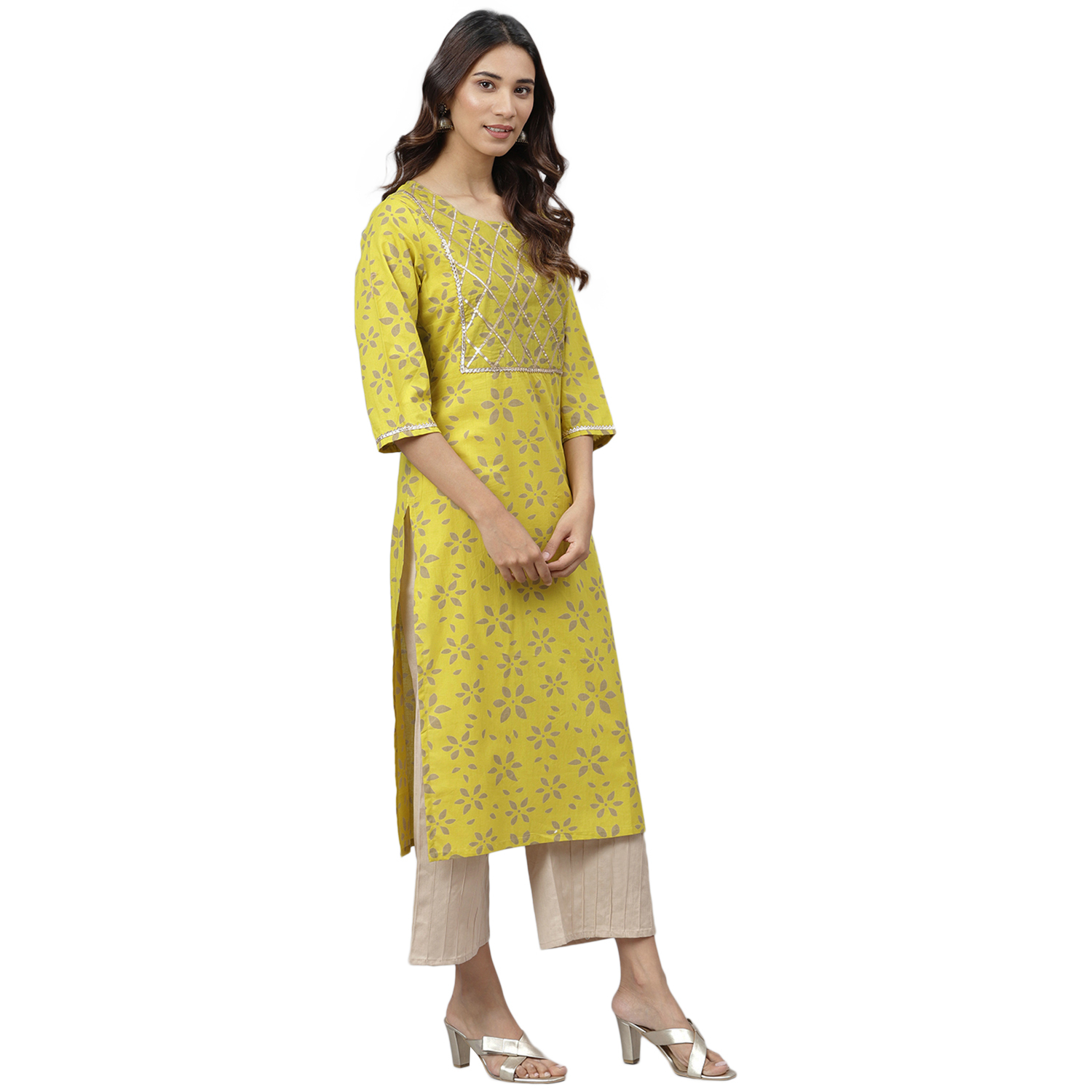 Ladies Cotton Kurti - Size S To Xxl, Yellow Printed Kurti | 3-4th Sleeve, Washable, Waterproof, Casual And Ethnic Style For All Seasons