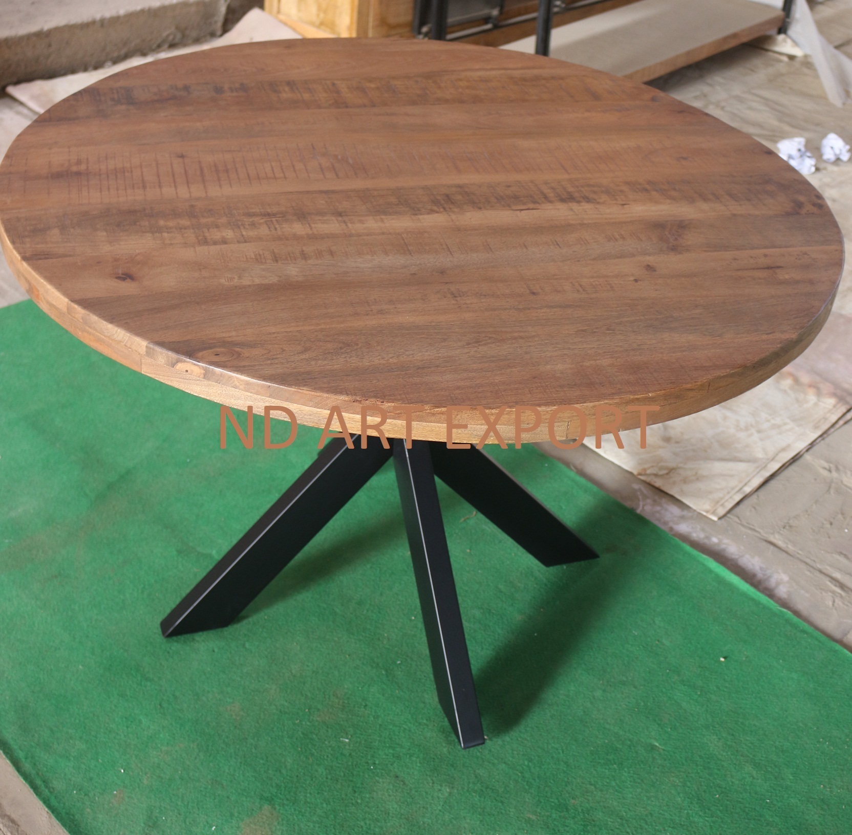 Solid Mango Wood Round Top With Cross Ms Iron Legs Dining Table
