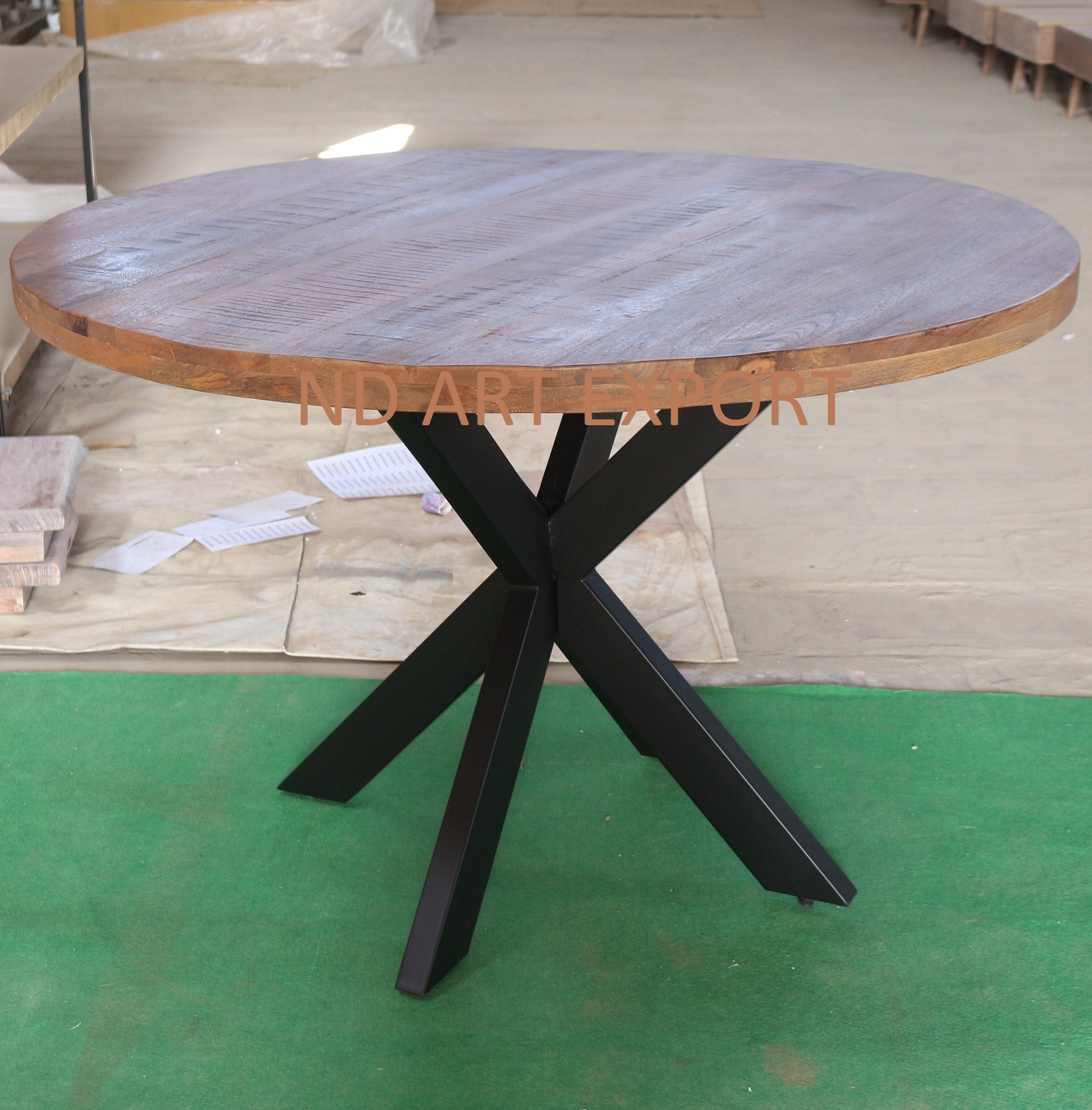 Solid Mango Wood Round Top With Cross Ms Iron Legs Dining Table