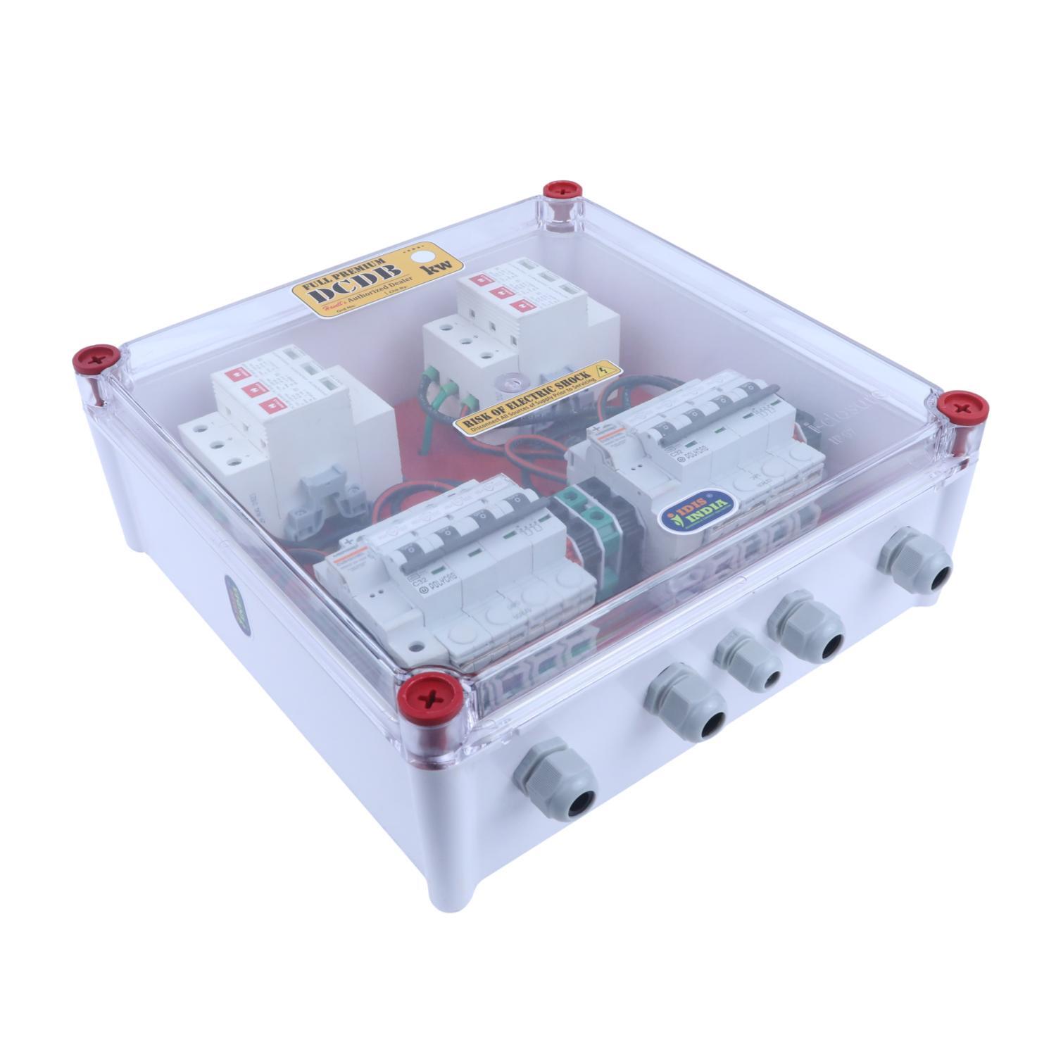 Premiumsolar Dcdb - Polycarbonate & Abs, 280 X 280 X 110 Mm | Transparent Enclosure, 1000v Dc, 2 In 2 Out, 2 Fuse, 2 Mcb, 2 Spd, 32a Dc Polycab Mcb, 20a Merson Fuse, 1000v Dc Havells Spd, Ip67 Enclosure, 1 Year Warranty
