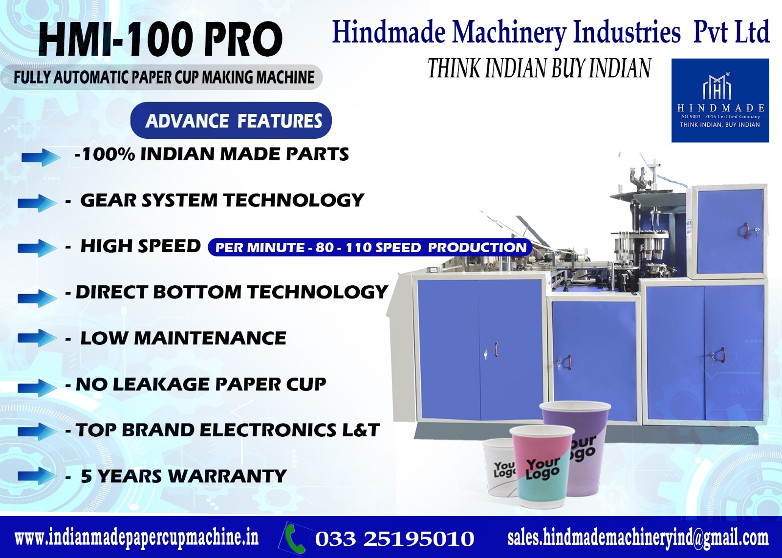 Hmi-100 Pro Fully Automatic Paper Cup Making Machine - Color: White & Blue