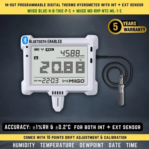 In-Out Digital Thermo Hygrometer (Bluetooth) With Internal And External Sensor - Color: As Per Req.