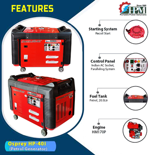 4 Kva Silent Digital Inverter Generator, Model Osprey Hp-40i, Recoil Start - Dimension (L*w*h): 785 X 520 X 608 Millimeter (Mm)