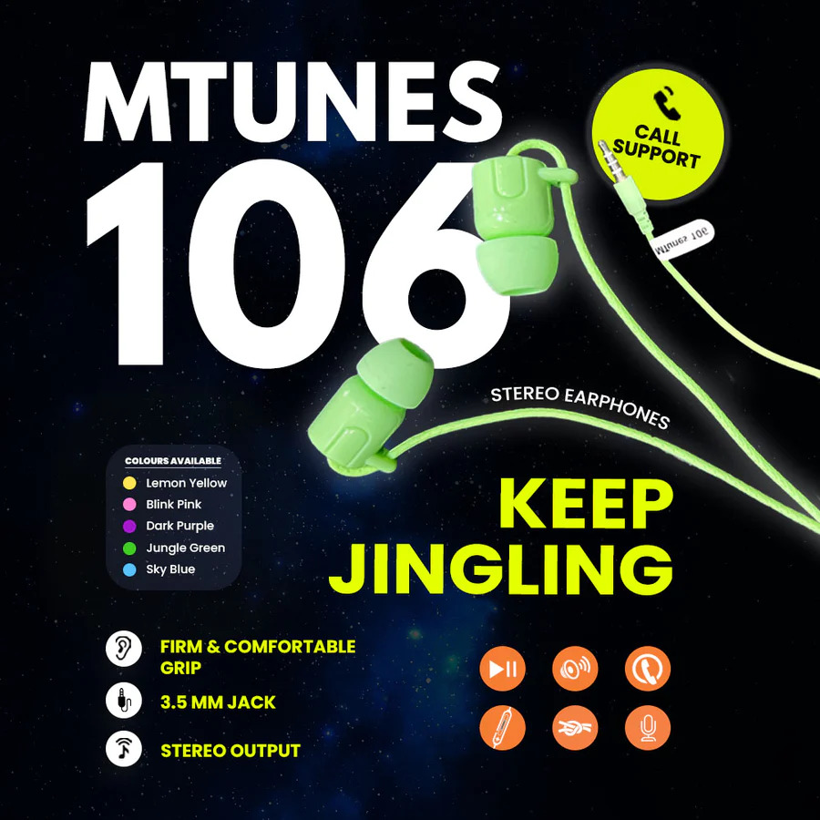 Mtunes 106 Earphone - Plastic And Rubber, Standard Size, Black, 10mm Driver, 3.5mm Jack | Inbuilt Microphone, Tangle-free Cable, Lightweight, In-line Controls