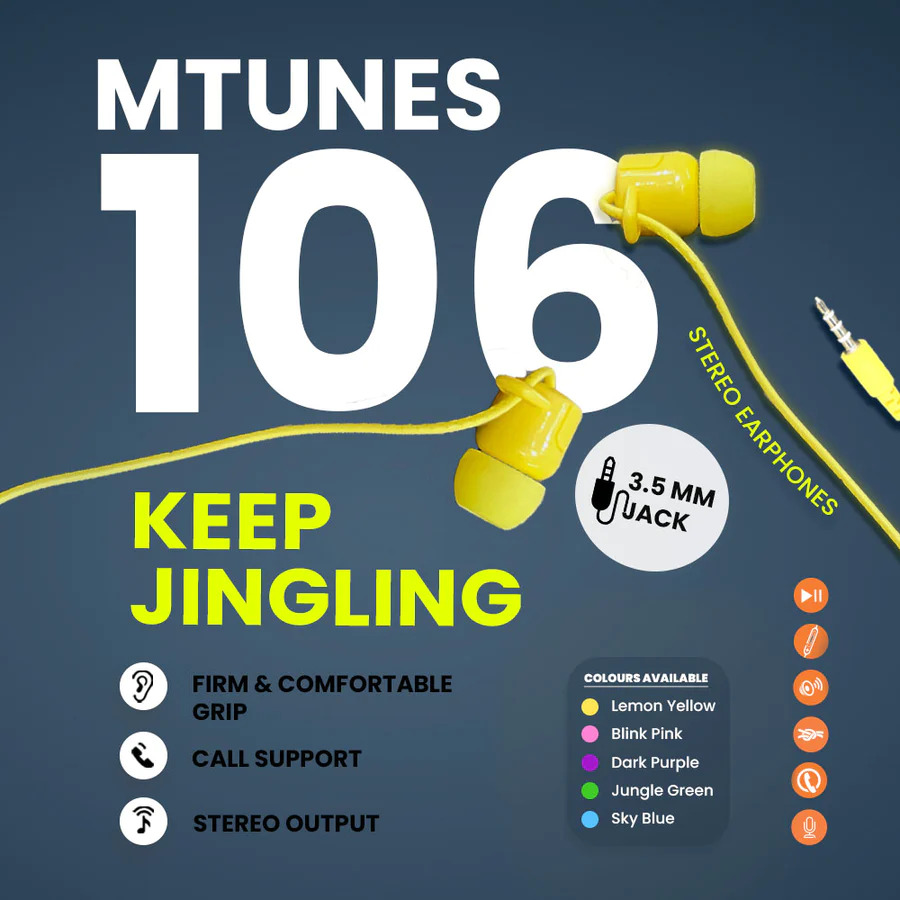 Mtunes 106 Earphone - Plastic And Rubber, Standard Size, Black, 10mm Driver, 3.5mm Jack | Inbuilt Microphone, Tangle-free Cable, Lightweight, In-line Controls