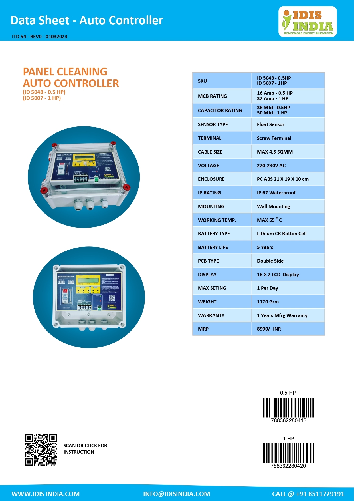 Panel Cleaning Timer 1 Hp Without Sensor
