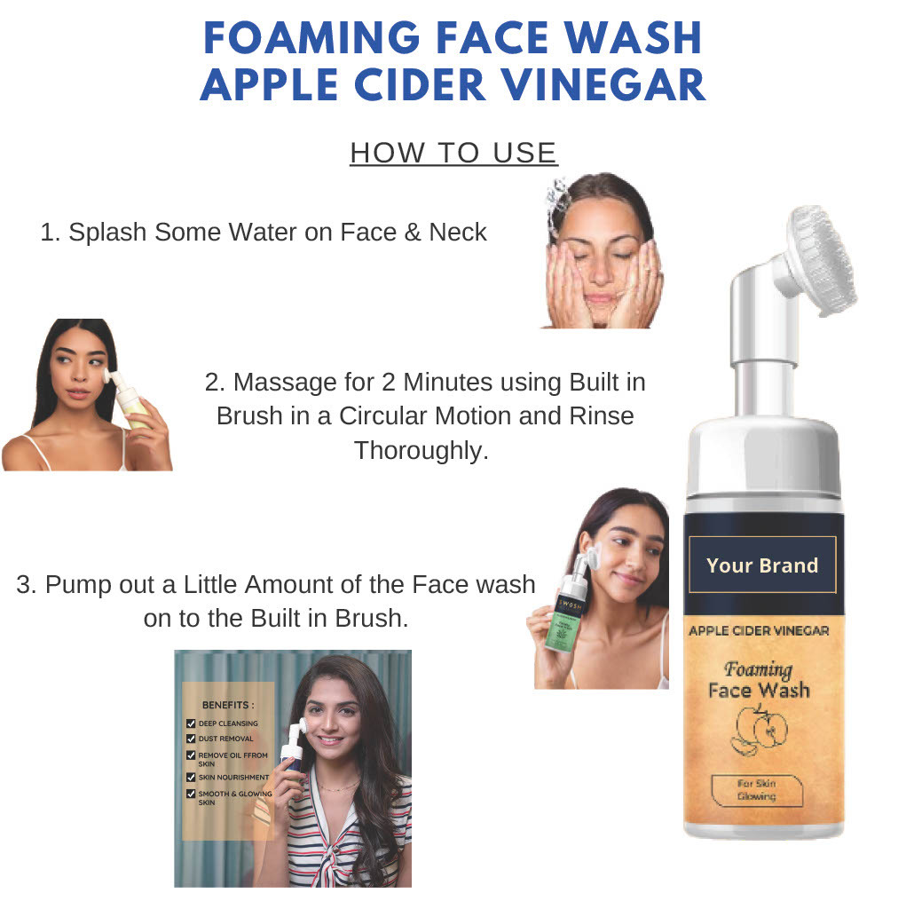 Apple Vinegar Foaming Face Wash - Herbal Gel Formula , Natural Cleansing For Normal Skin, Smooth Texture, Gentle On Skin, 24-month Shelf Life