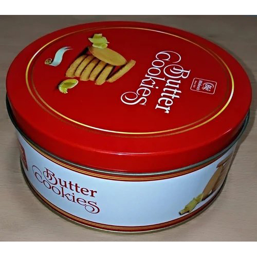 Cookies Tin Container - Tinplate, 175 mm dia x 65 mm Height, Red & White Color, Round Shape, Capacity 1 Kg to 5 Kg | Color Customized Inside & Outside Finish