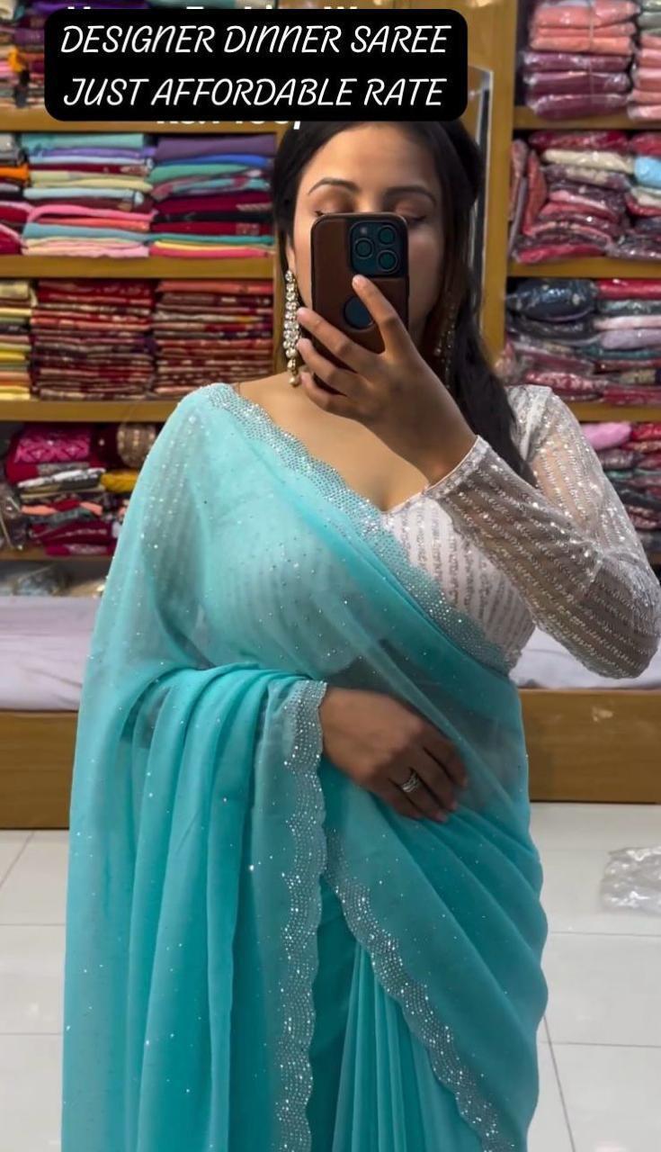 Georgette Party Wear Saree - All Over Heavy Beads Work, Embroidered Pattern With Full Sleeves And Quick Dry Feature