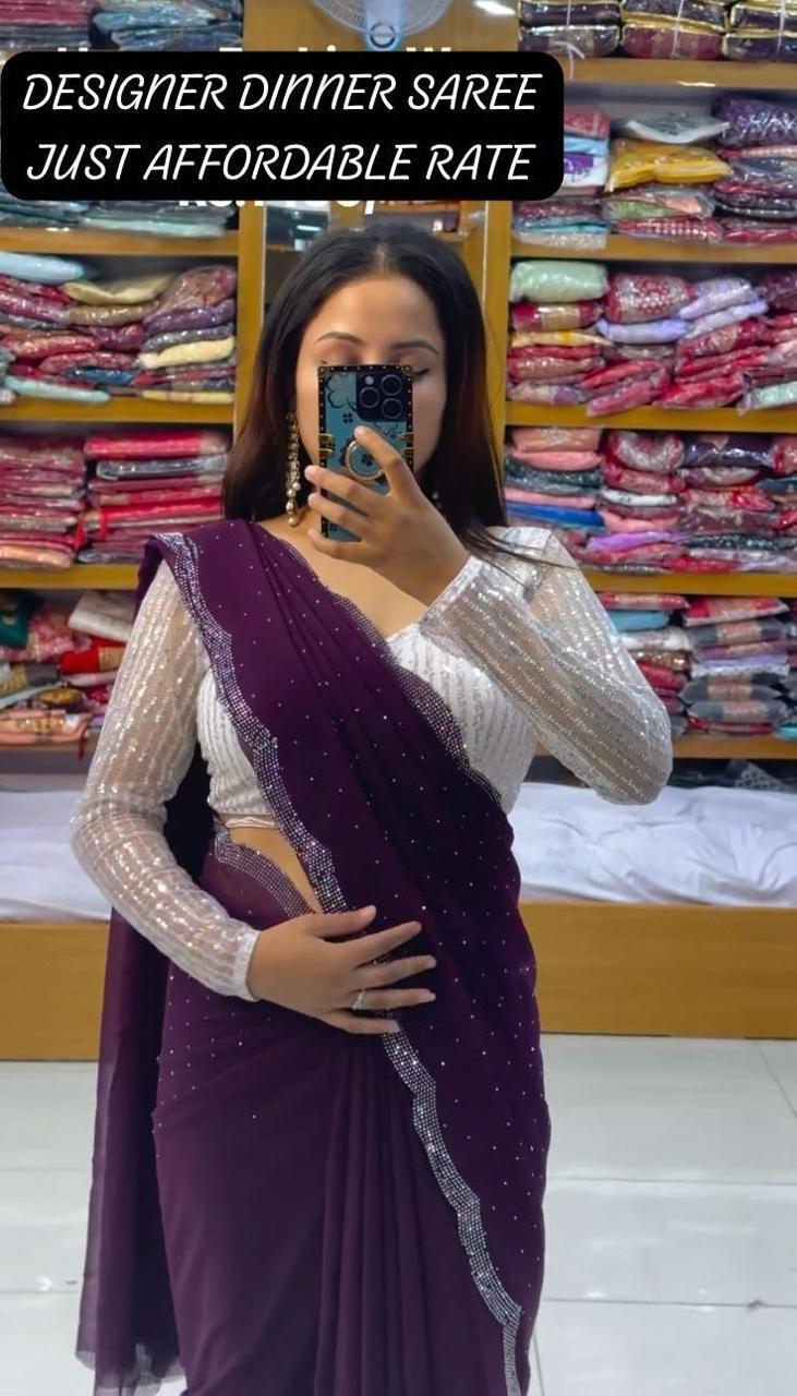 Georgette Party Wear Saree - All Over Heavy Beads Work, Embroidered Pattern With Full Sleeves And Quick Dry Feature
