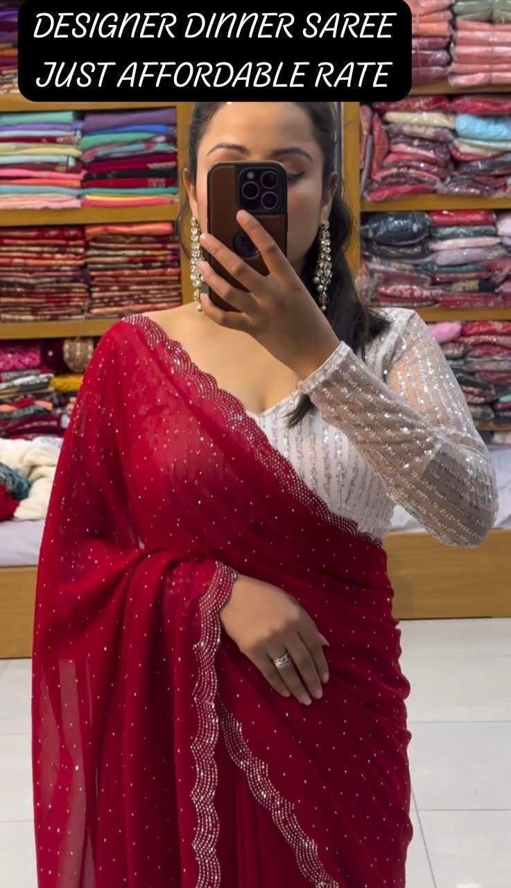 Georgette Party Wear Saree - All Over Heavy Beads Work, Embroidered Pattern With Full Sleeves And Quick Dry Feature