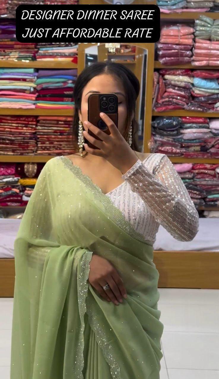 Georgette Party Wear Saree - All Over Heavy Beads Work, Embroidered Pattern With Full Sleeves And Quick Dry Feature