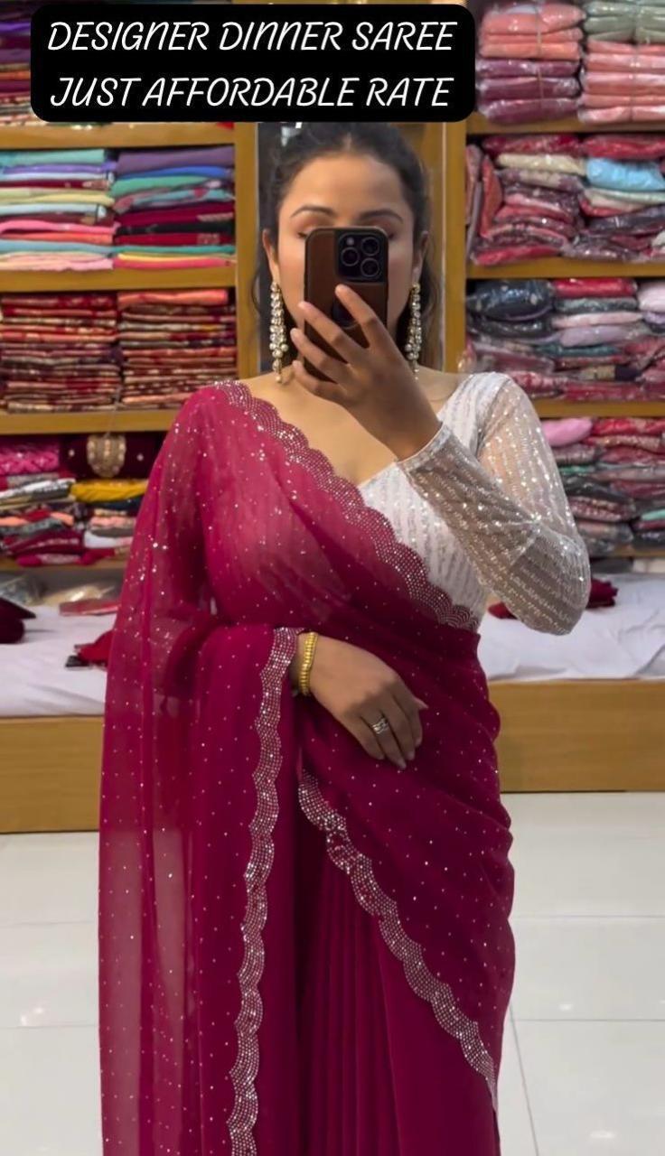 Georgette Party Wear Saree - All Over Heavy Beads Work, Embroidered Pattern With Full Sleeves And Quick Dry Feature