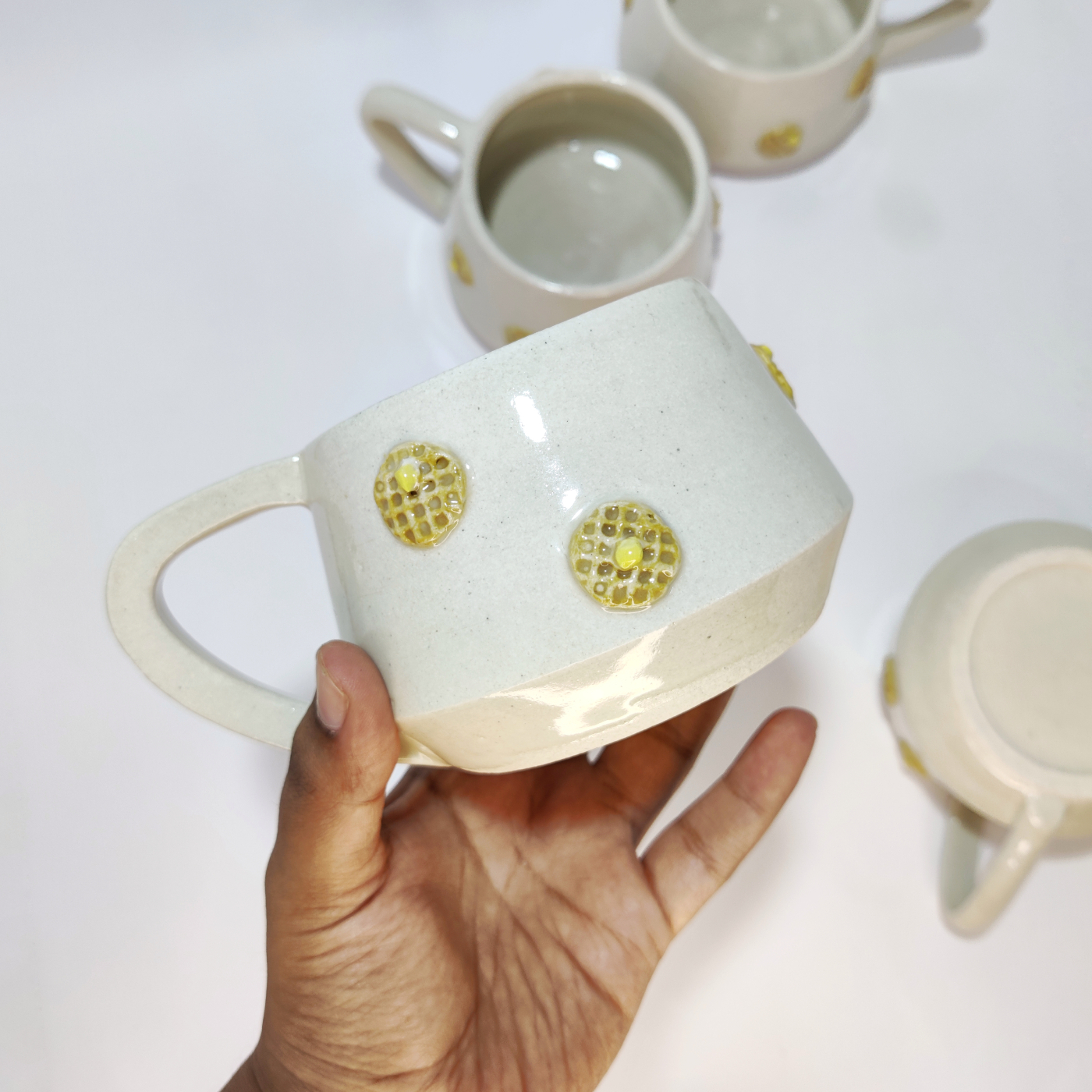 Waffle Mugs - Ceramic Stoneware, Various Sizes , Quirky Design & Microwave Safe, Glazed White Finish