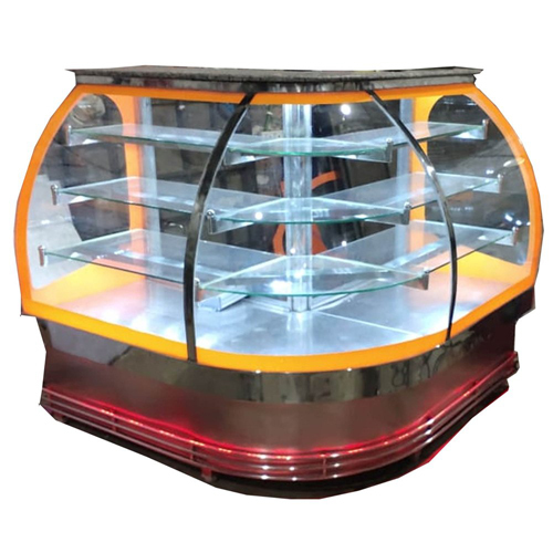 L Shape Sweet Display Counter - Stainless Steel, 5 Feet Tall, Polished Glass Finish | 3 Shelves for Versatile Confectionery Display
