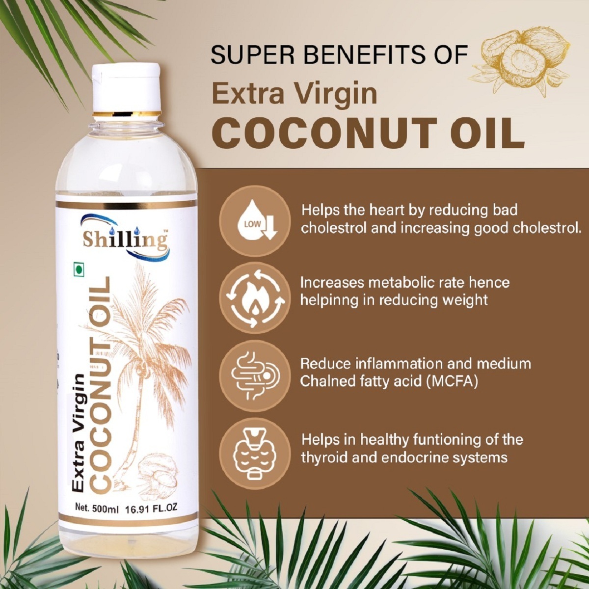 Extra Virgin Coconut Oil - 500ml Cold Pressed, Organic Coconut Essence | Natural & Pure, Versatile For Cooking, Personal Care & Baby Massage