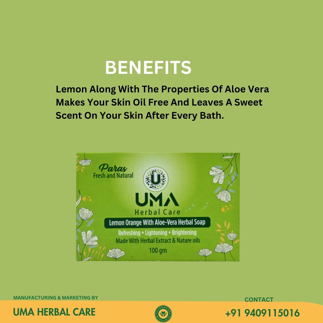 Lemon Orange With Aloe-vera Herbal Soap - 100g Bar, Lemon Extract & Aloe-vera Gel Blend, Organic & Moisturizing Formula For All Skin Types