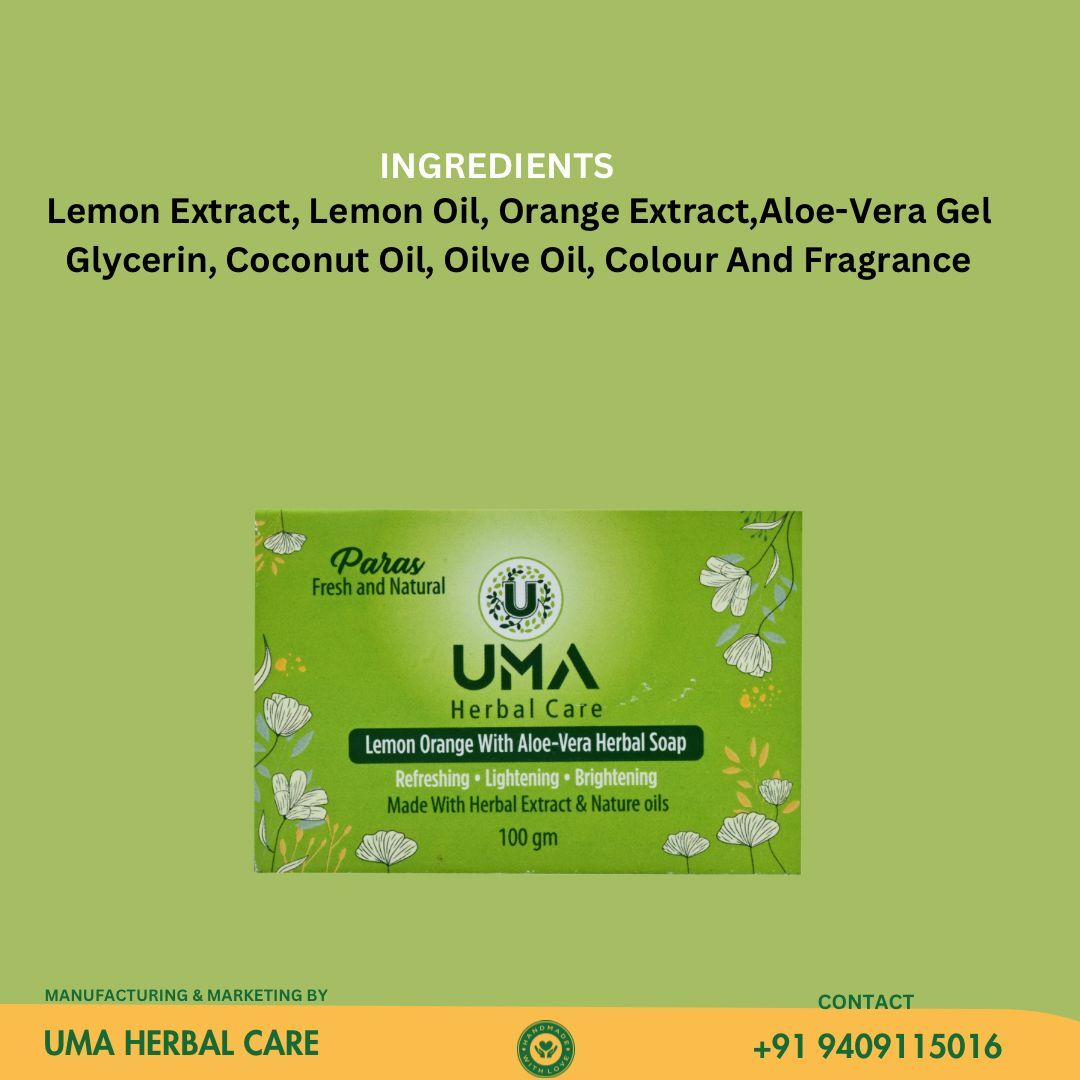 Lemon Orange With Aloe-vera Herbal Soap - 100g Bar, Lemon Extract & Aloe-vera Gel Blend, Organic & Moisturizing Formula For All Skin Types