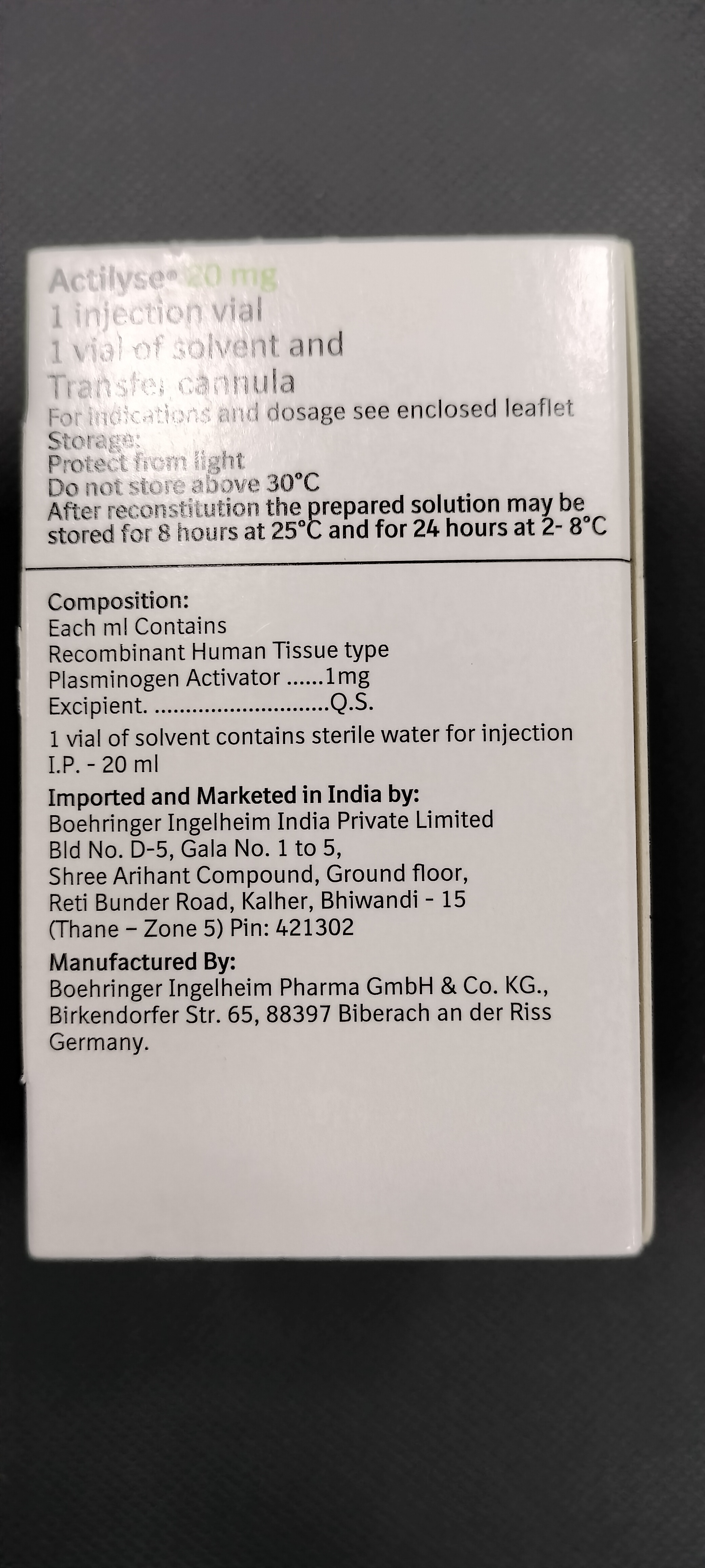 Actilyse 20mg Injection - Ingredients: Alteplase (20mg)